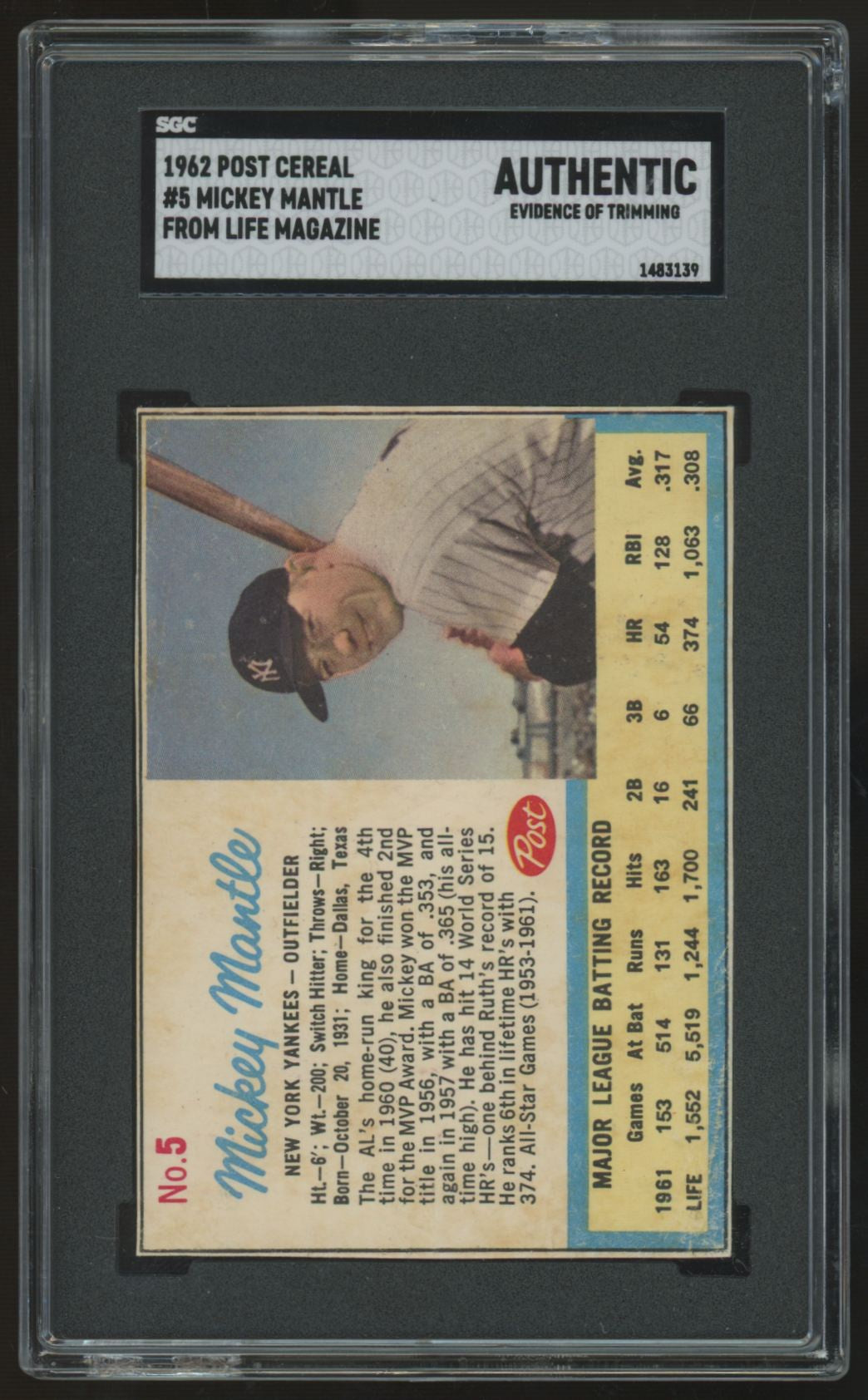1962 Post Mickey Mantle From Life Magazine #5 SGC Authentic Trimmed *139