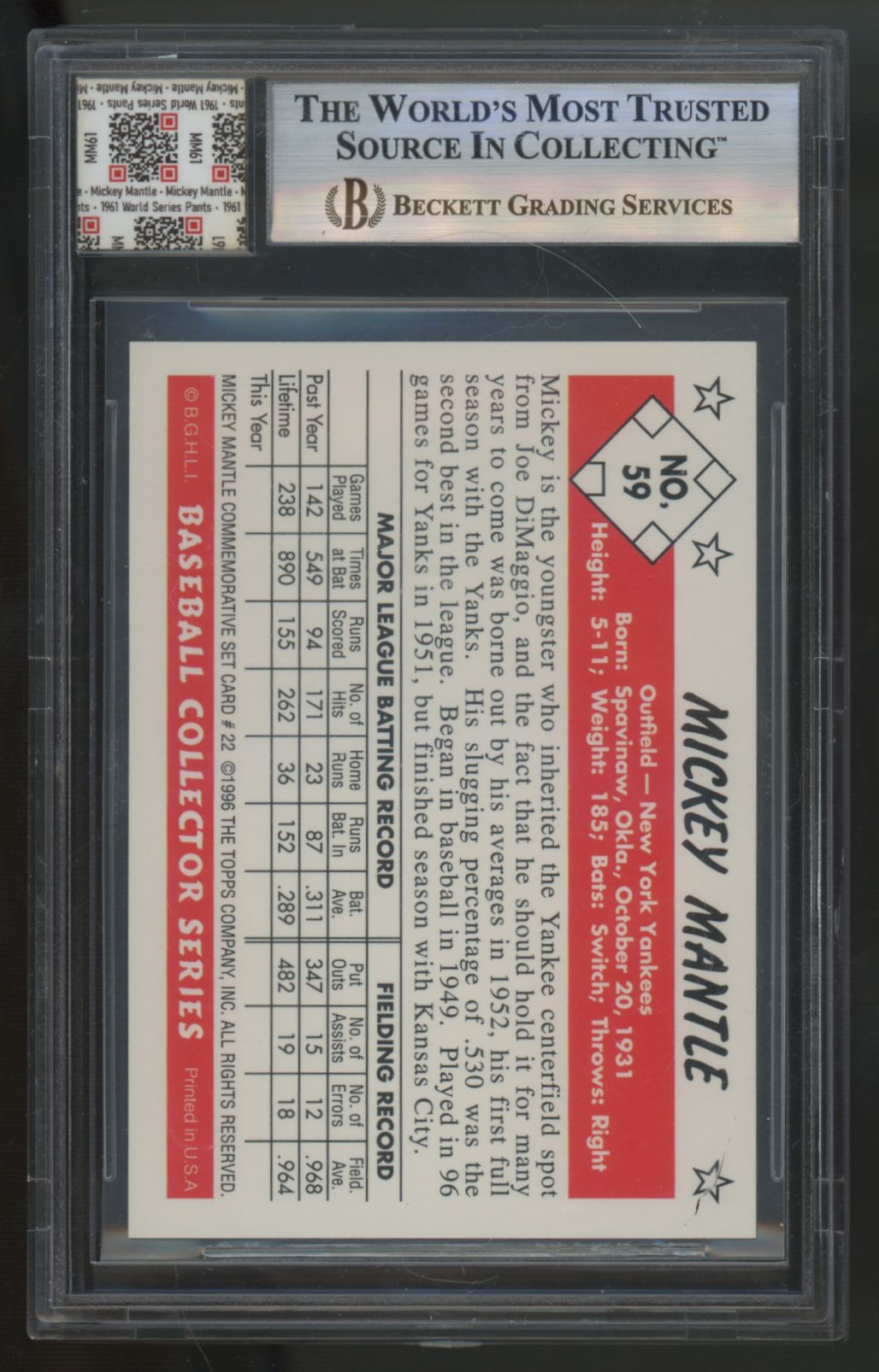 1997 Topps Mickey Mantle World Series Pants Patch BGS 8 Jersey Fusion Authentic