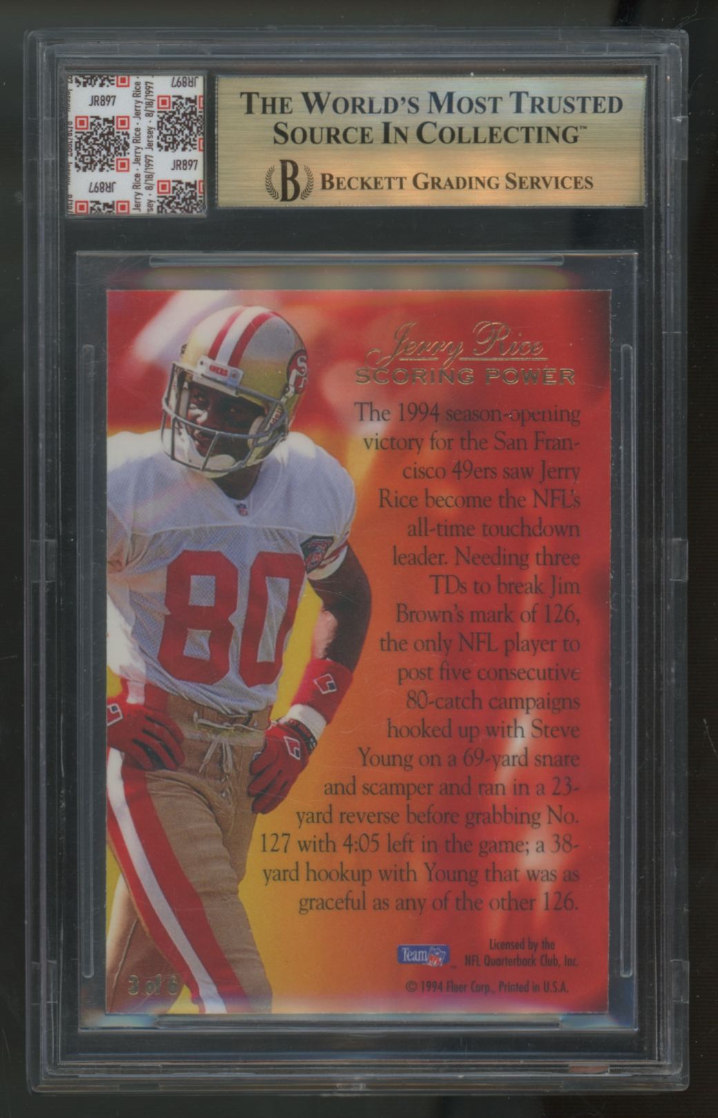 1994 Fleer Flair Jerry Rice Scoring Power Game Patch #3 Jersey Fusion Authentic
