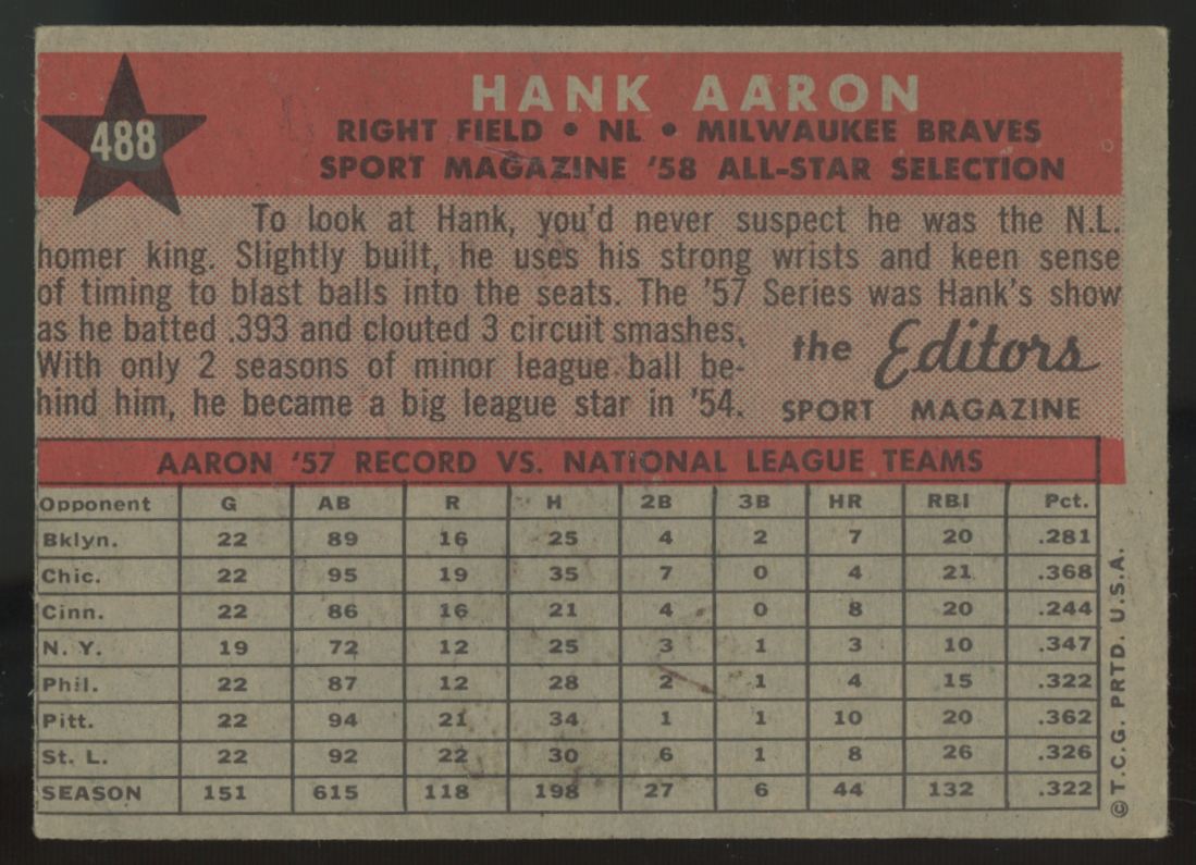 1958 Topps Hank Aaron All Star #488 EX "A"