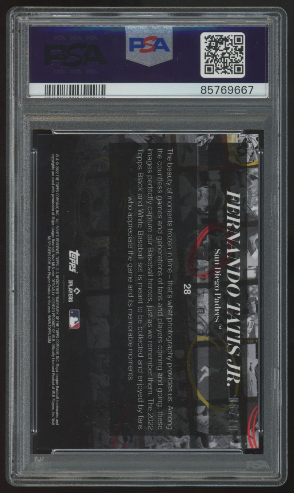 2022 Topps Black & White Fernando Tatis Jr. Player Color /10 #28 PSA 9