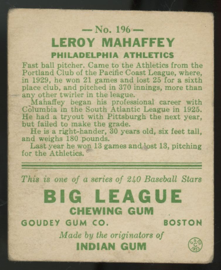 1933 Goudey Leroy Mahaffey #196 Poor (Pin Hole)