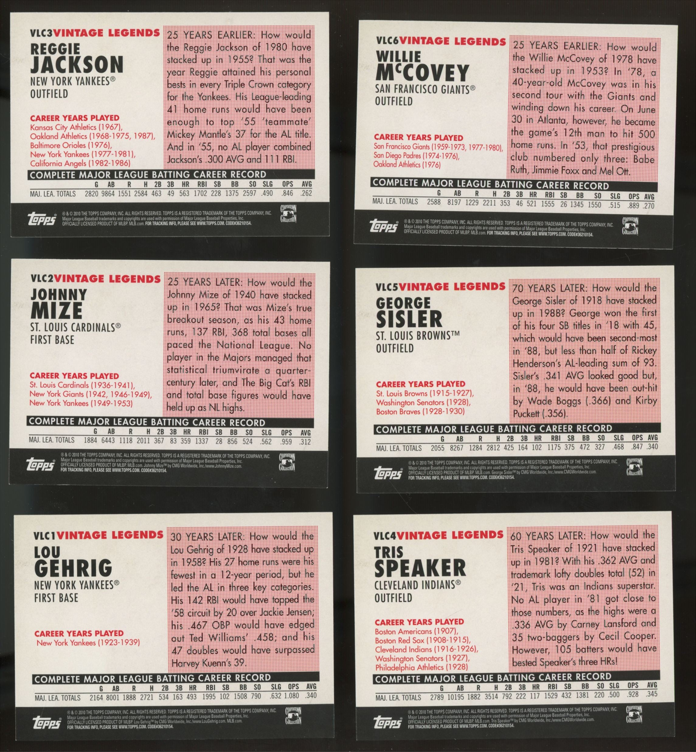 2010 Topps Baseball Vintage Legends Collection Complete Set (50/50)