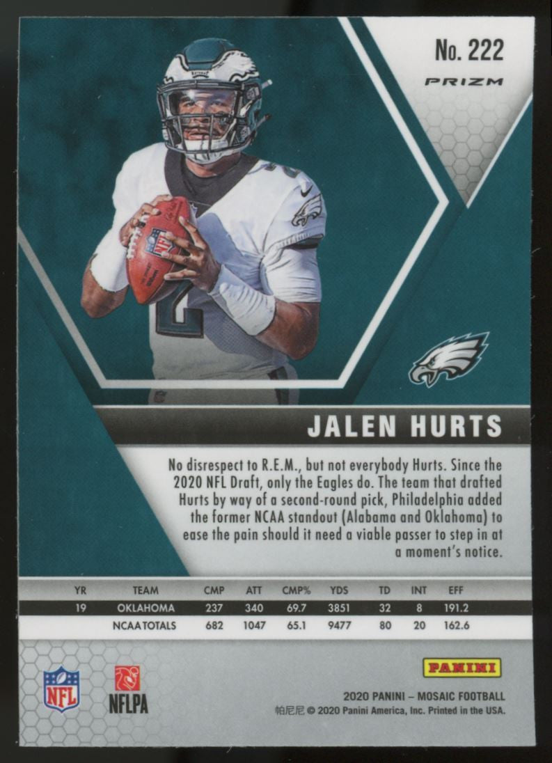 2020 Mosaic Jalen Hurts Blue Reactive Prizm RC #222 NM-MT