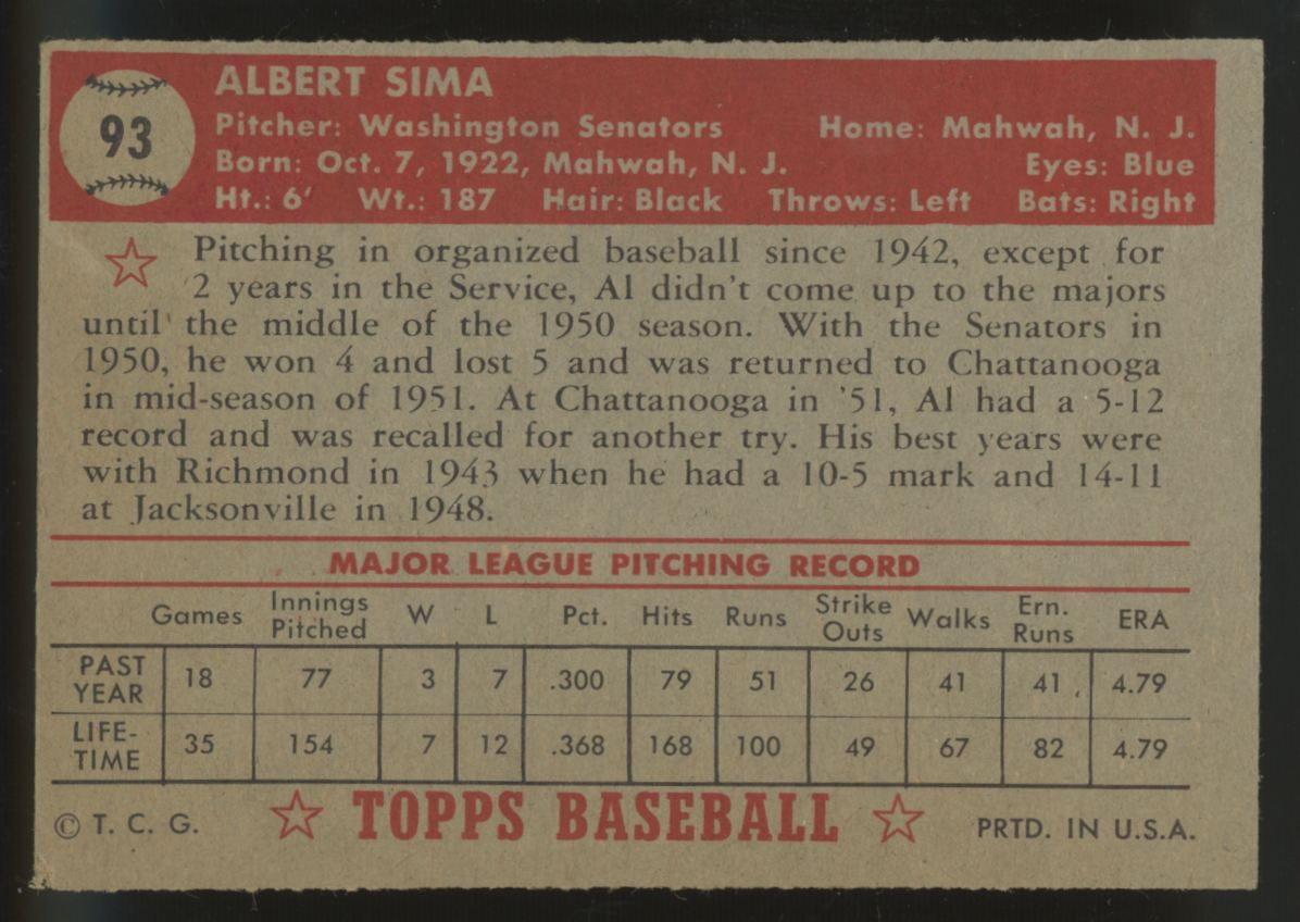 1952 Topps Al Sima RC #93 VG