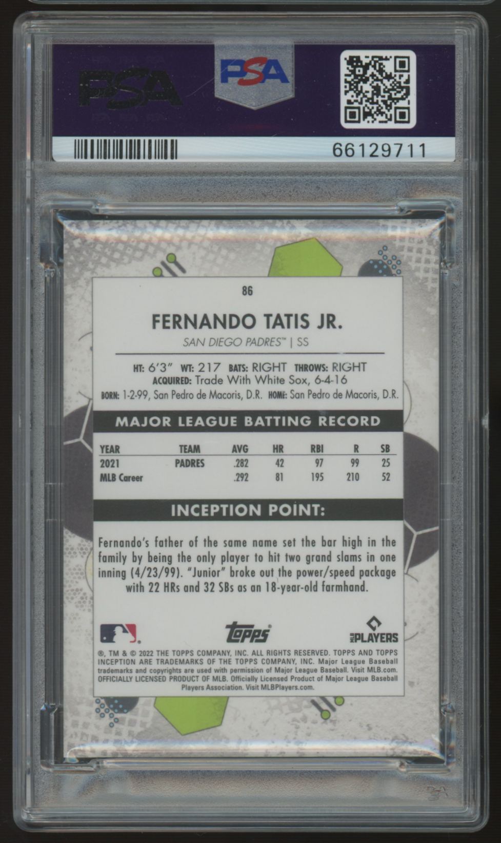 2022 Topps Inception Fernando Tatis Jr. Base #86 PSA 10 *711