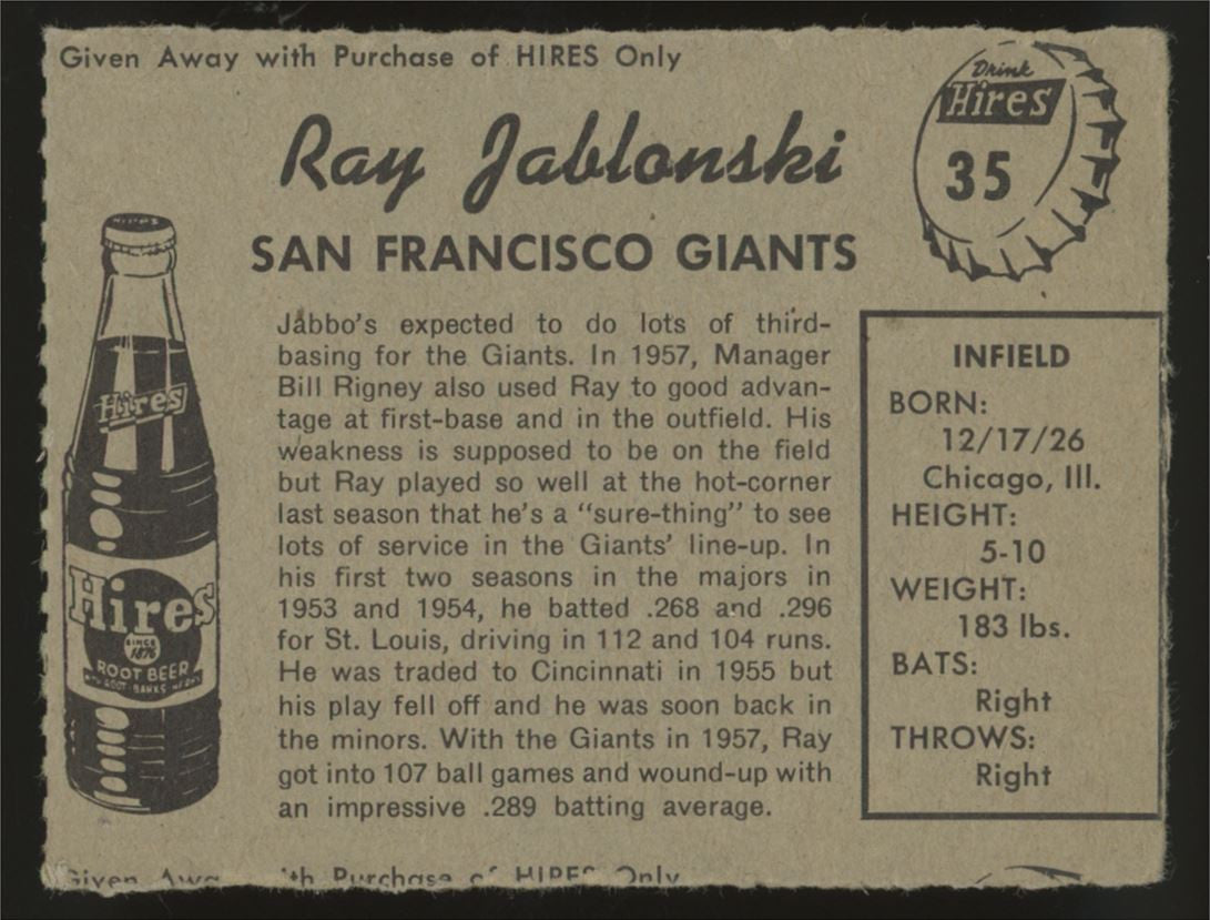 1958 Hires Root Beer Ray Jablonski #35 G/VG