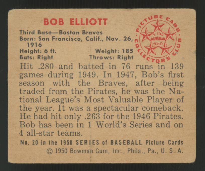 1950 Bowman Bob Elliot #20 VG-VG/EX