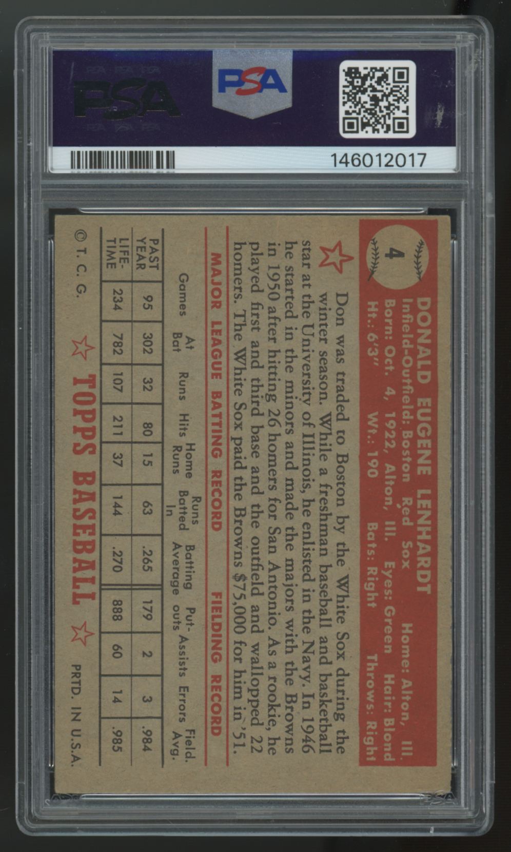 1952 Topps Don Lenhardt #4 PSA 6