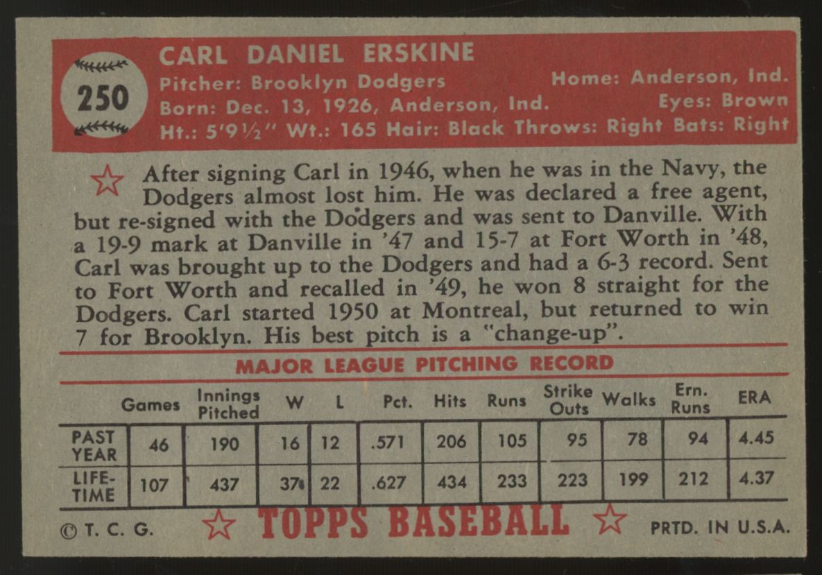 1952 Topps Carl Erskine #250 EX - EX/MT