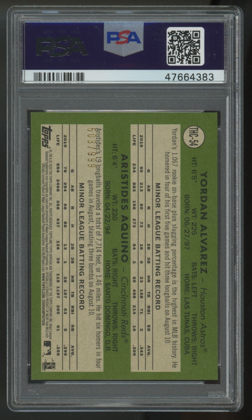 2020 Topps Heritage Chrome Yordan Alvarez/Aristides Aquino RC Stars /999 PSA 9