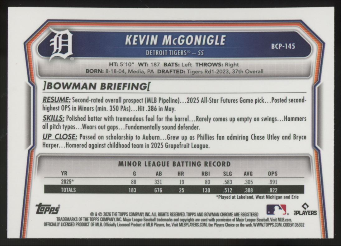 2026 Bowman Chrome Kevin McGonigle Purple Wave /250 #BCP-145 "A"