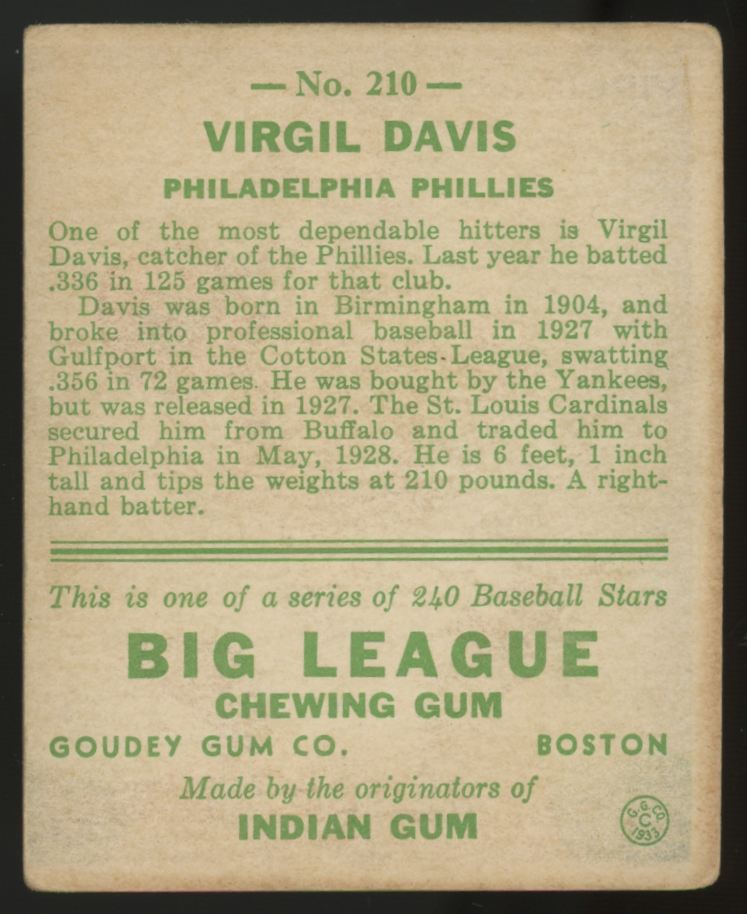 1933 Goudey Virgil Davis #210 VG