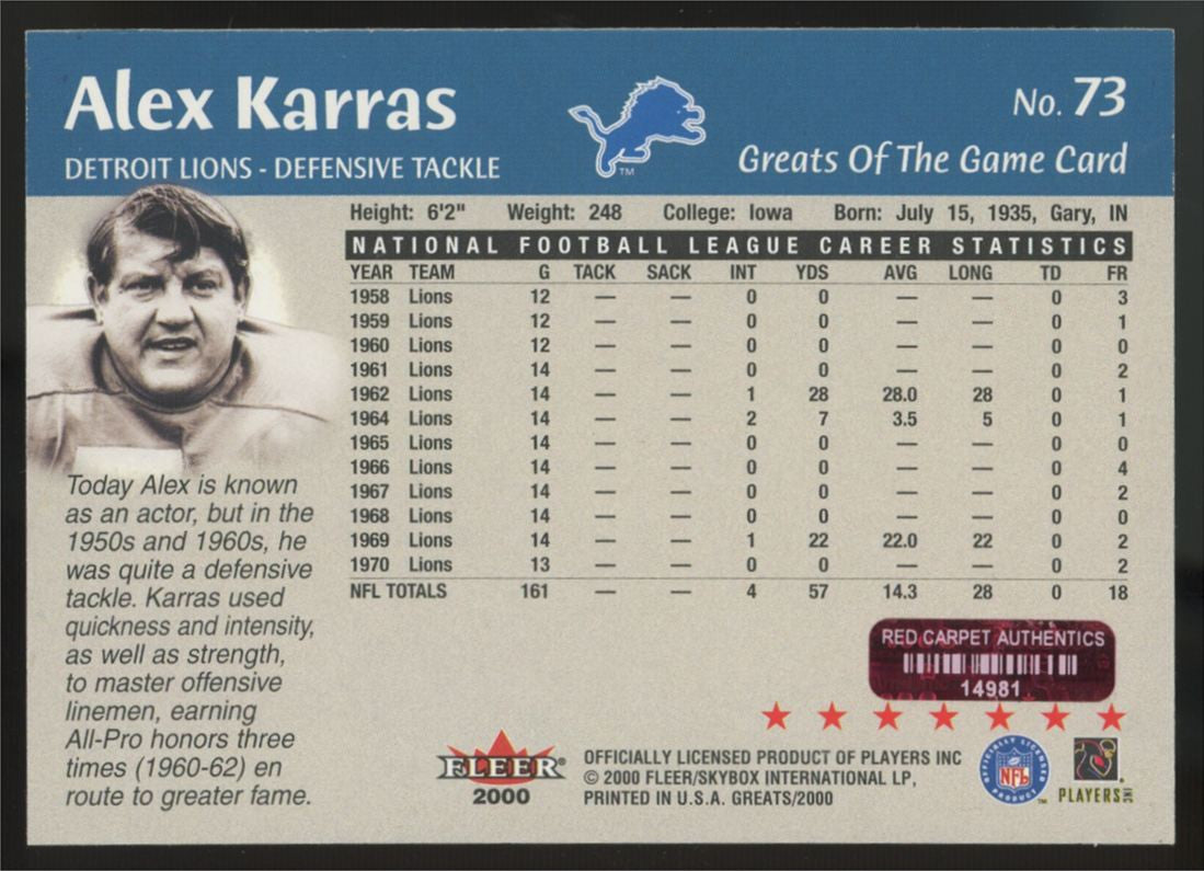 2000 Fleer Greats Of The Game Alex Karras Signed Auto Red Carpet Authentic #73
