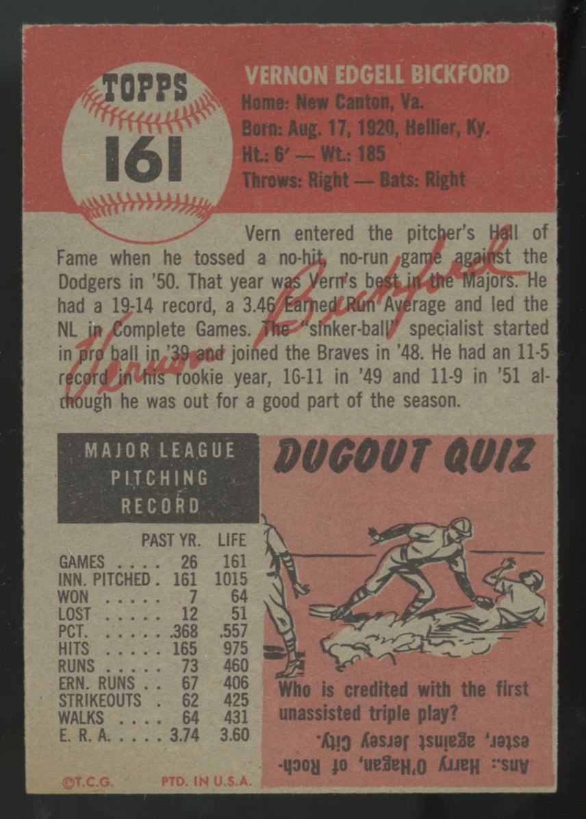 1953 Topps Vern Bickford #161 Good
