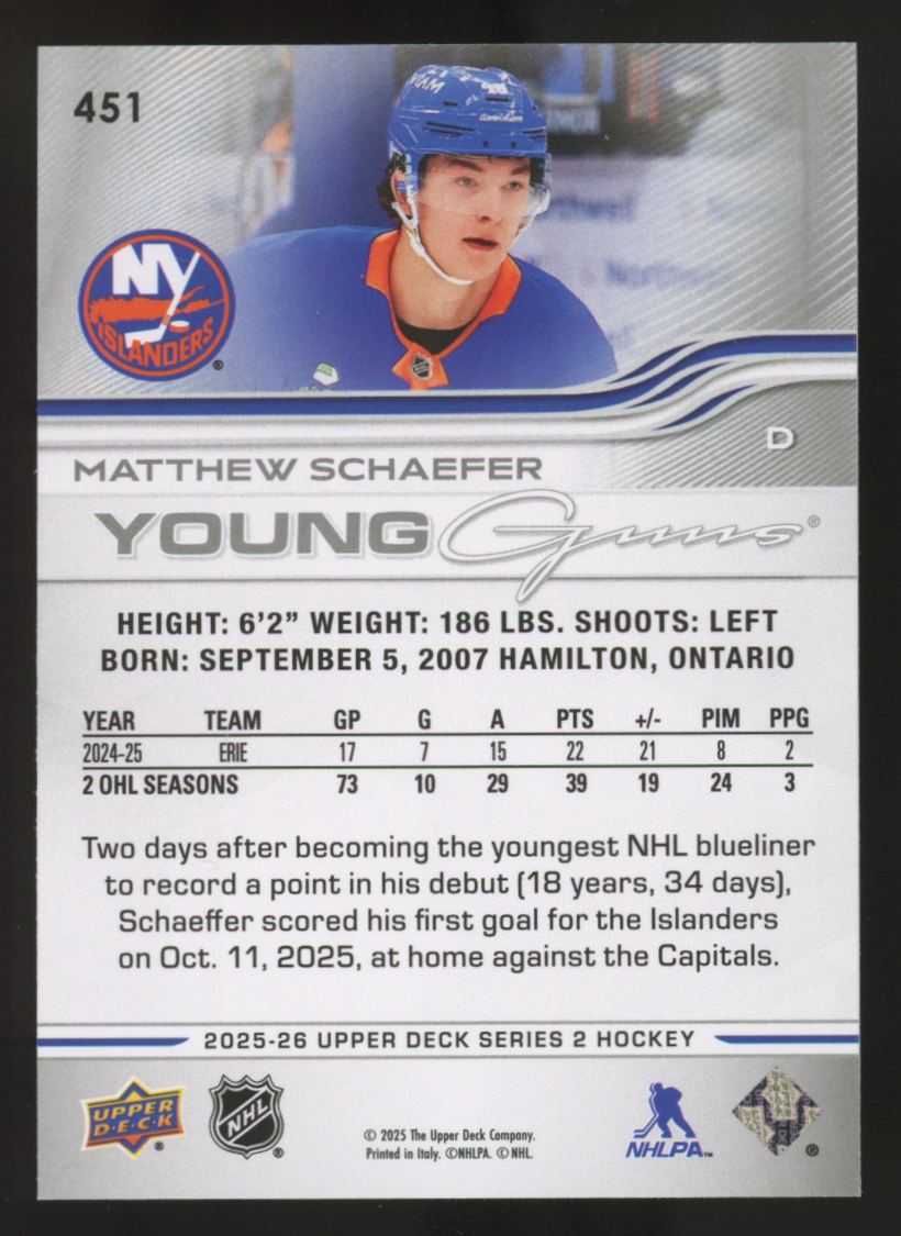 2025-26 Upper Deck Series Two Matthew Schaefer RC Young Guns #451