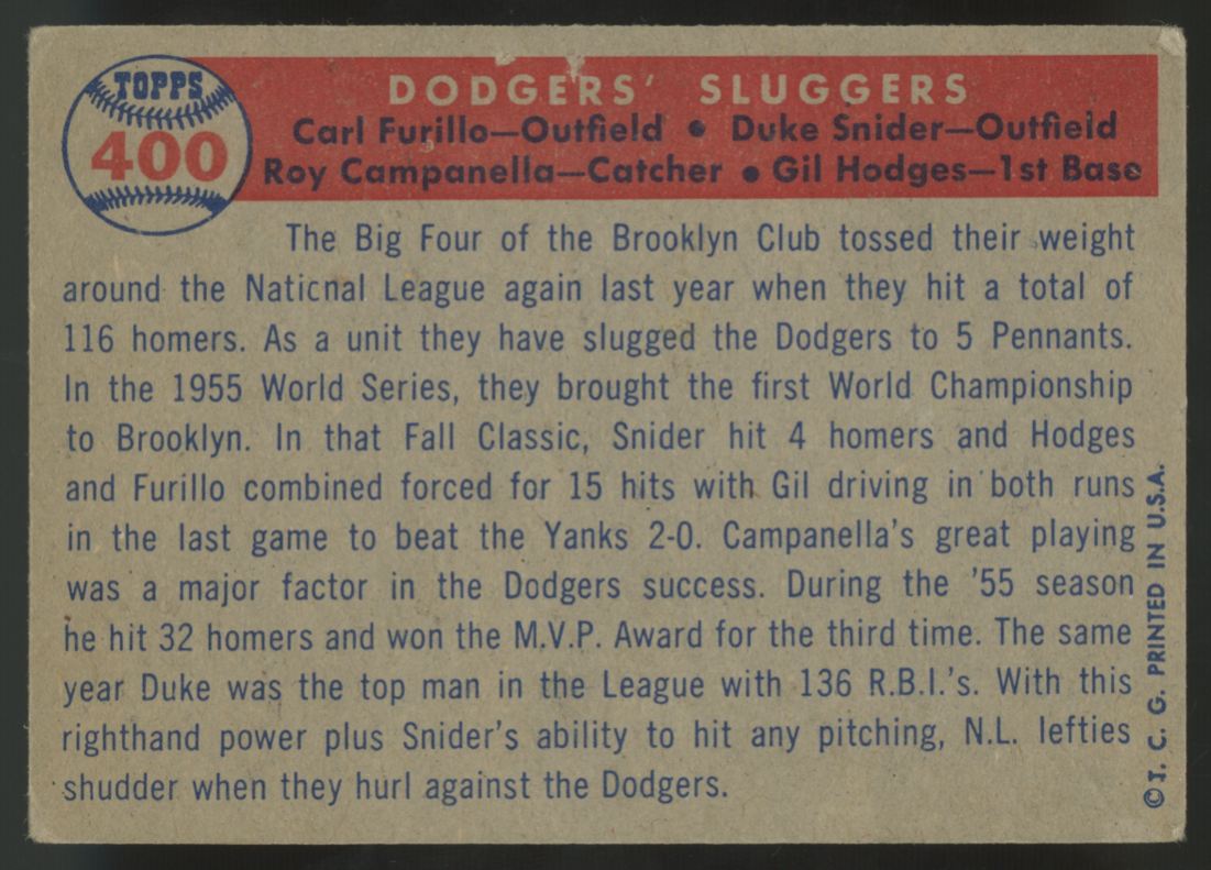 1957 Topps Duke Snider, Roy Campanella, Gil Hodges #400 VG