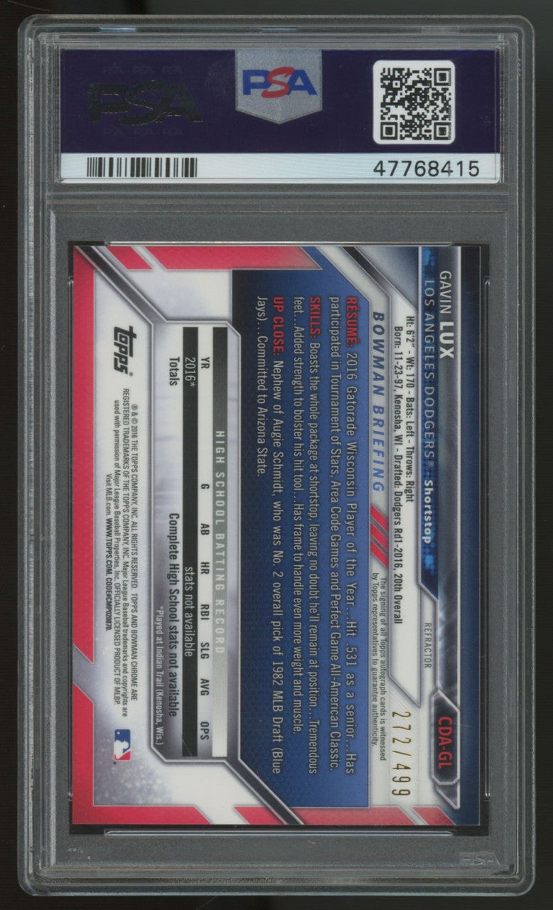 2016 Bowman Chrome Draft Gavin Lux 1st Refractor Auto /499 #CDA-GL PSA 9