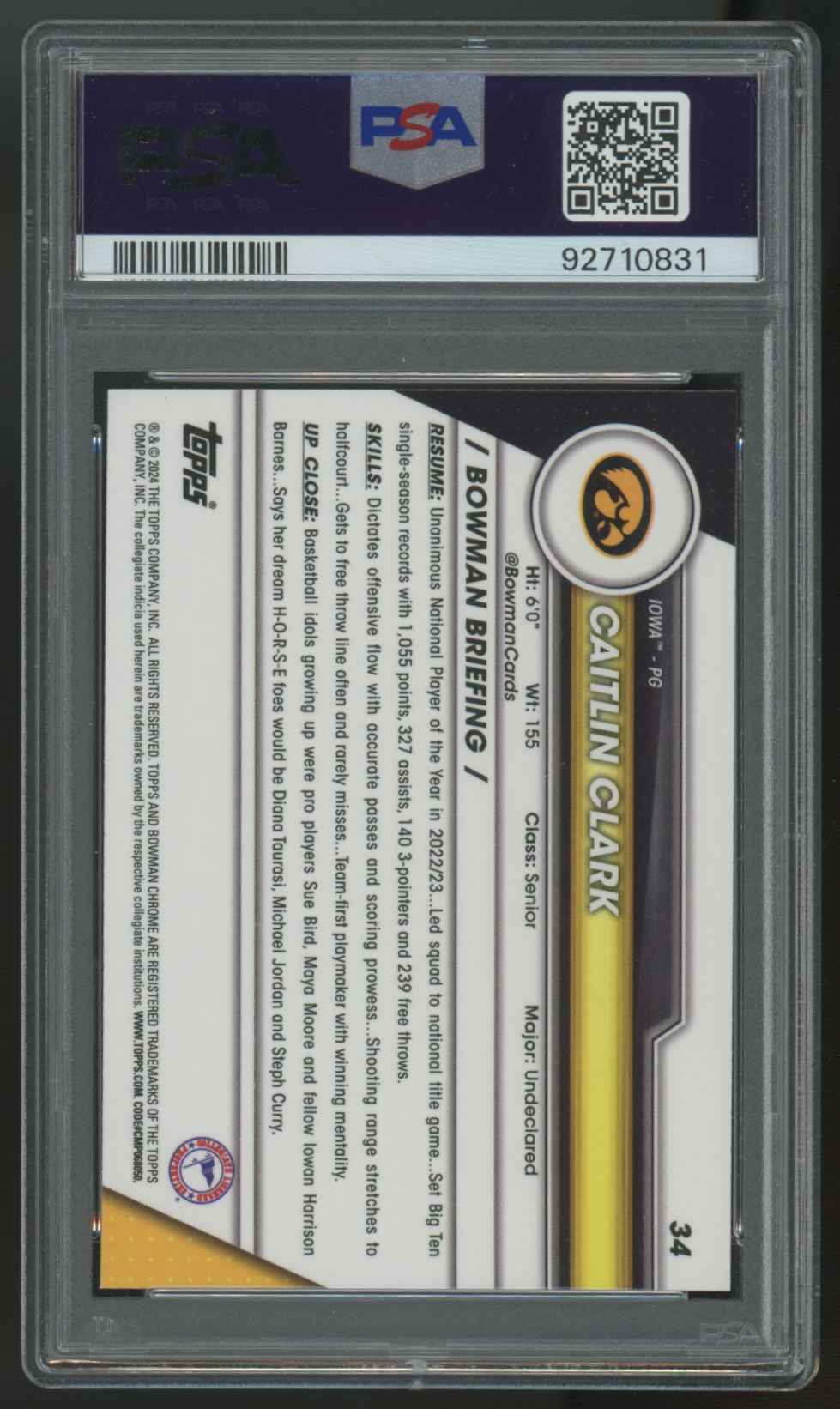 2023/24 Bowman U Chrome Caitlin Clark Prospect #34 PSA 9 *831