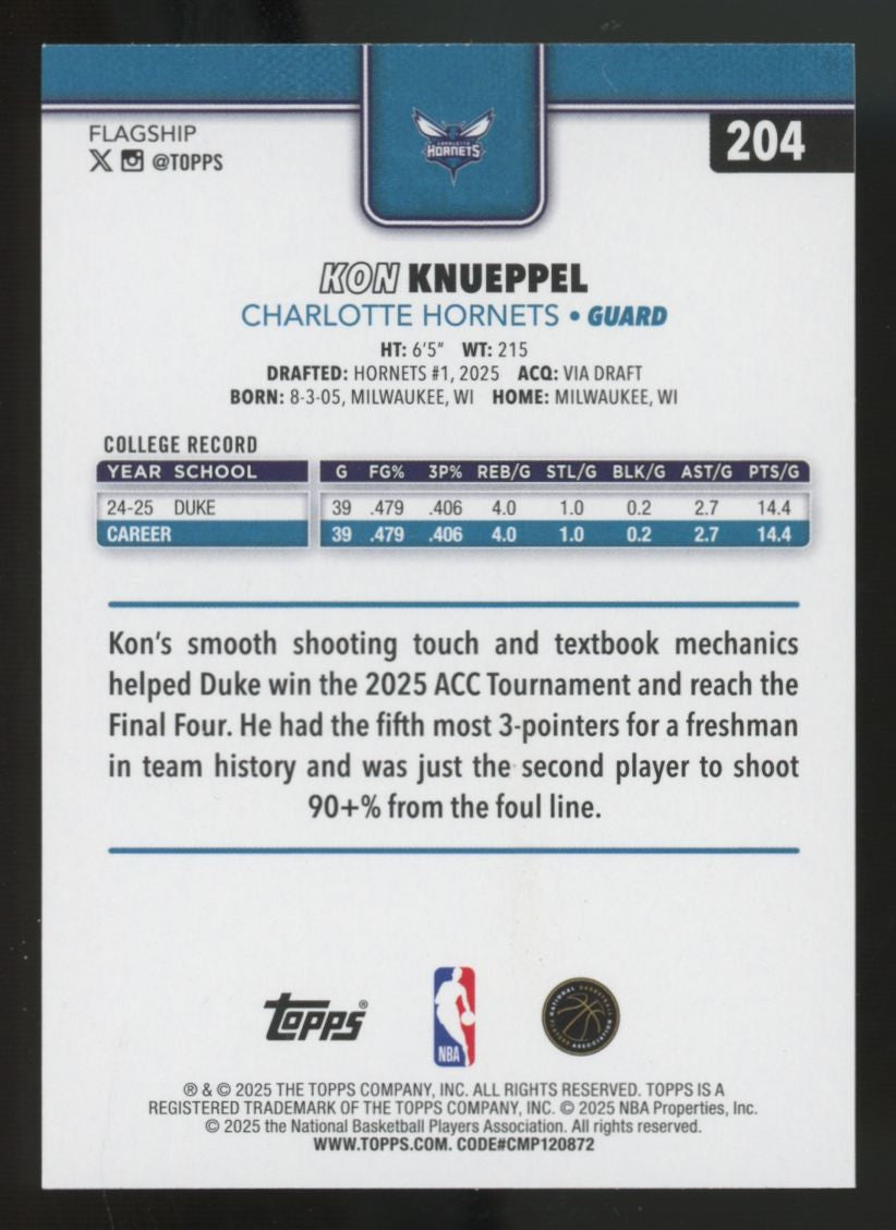 2025-26 Topps Flagship Kon Knueppel RC Gold /2025 #204
