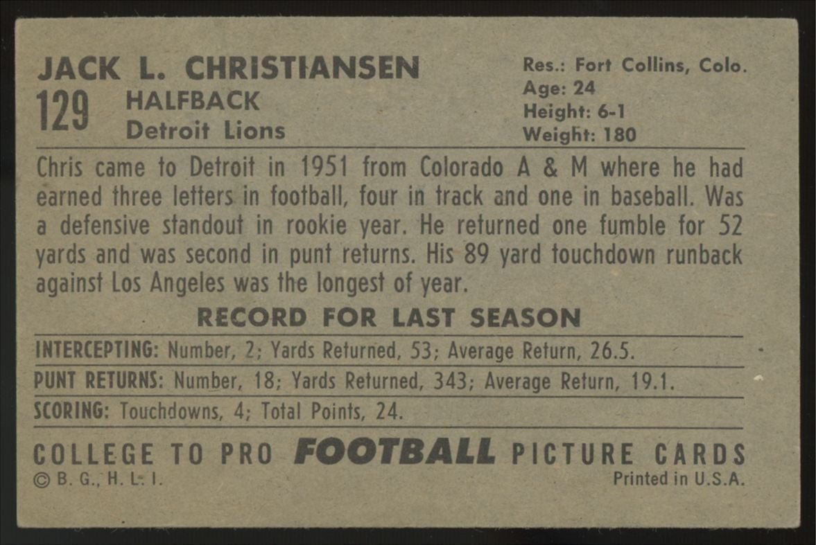 1952 Bowman Large Jack Christiansen RC #129 VG/EX