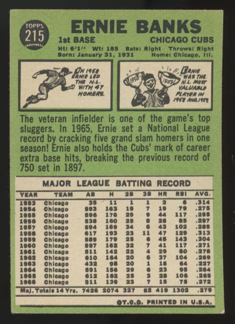 1967 Topps Ernie Banks #215 VG (Wrinkle)