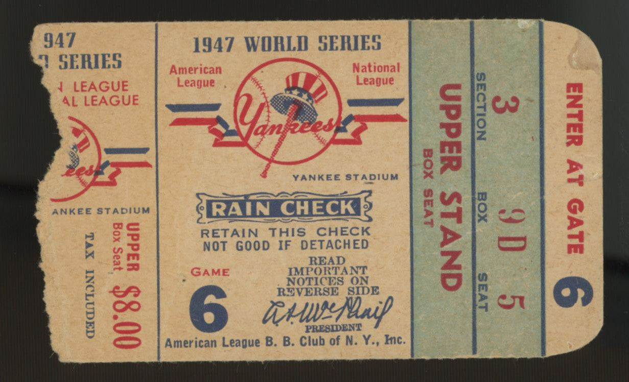 1947 New York Yankees World Series Game 6 Ticket Stub Low Grade