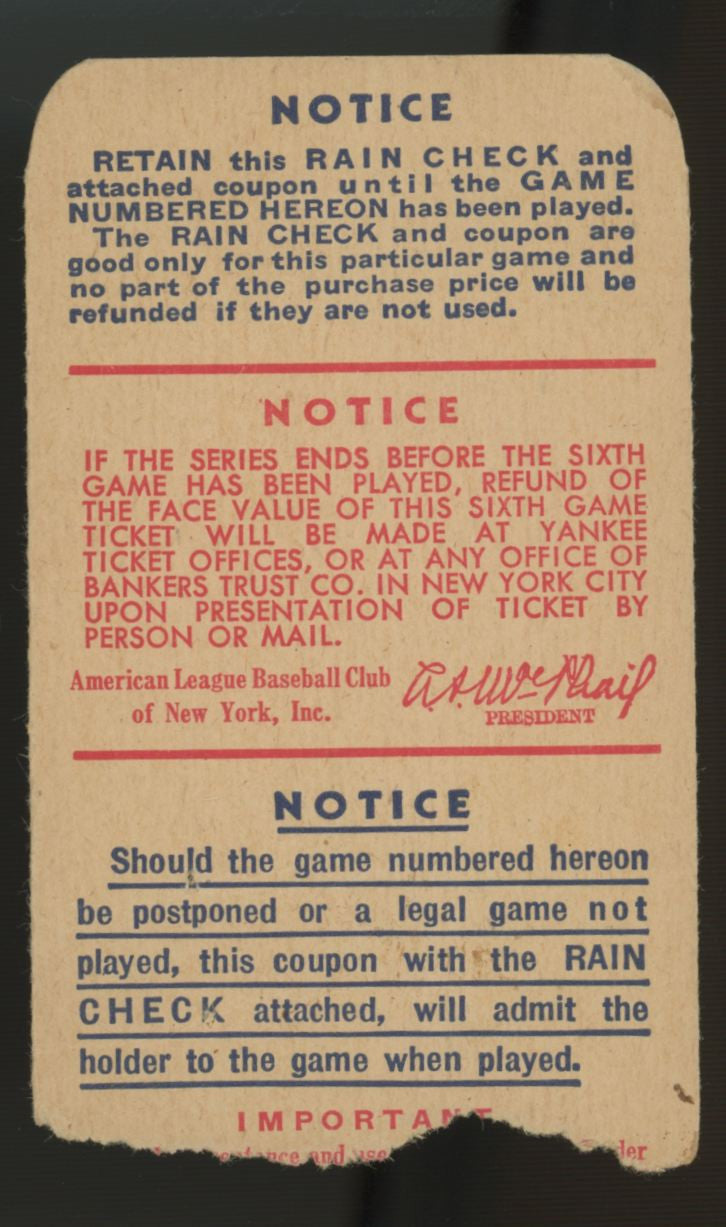 1947 New York Yankees World Series Game 6 Ticket Stub Low Grade