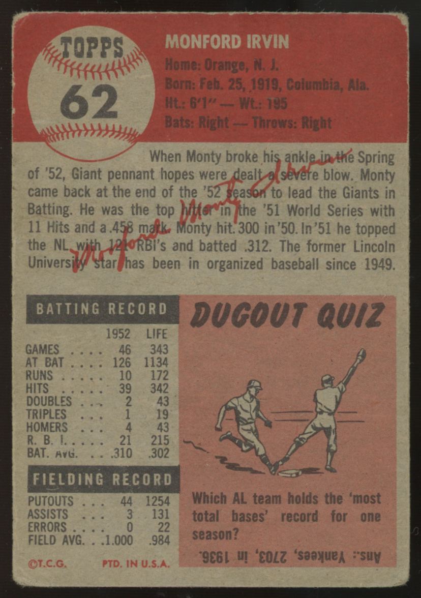 1953 Topps Monte Irvin #62 Good