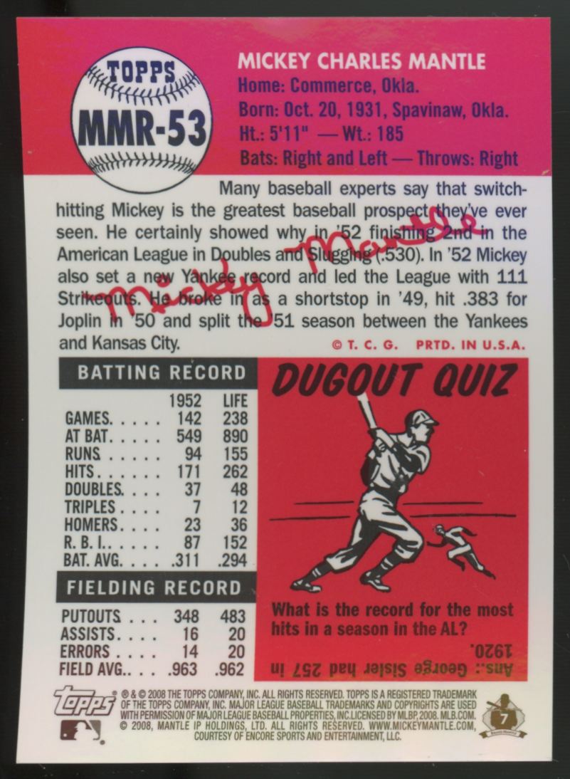 2008 Topps Mickey Mantle Reprint Blue Refractor #MMR-53 "H"
