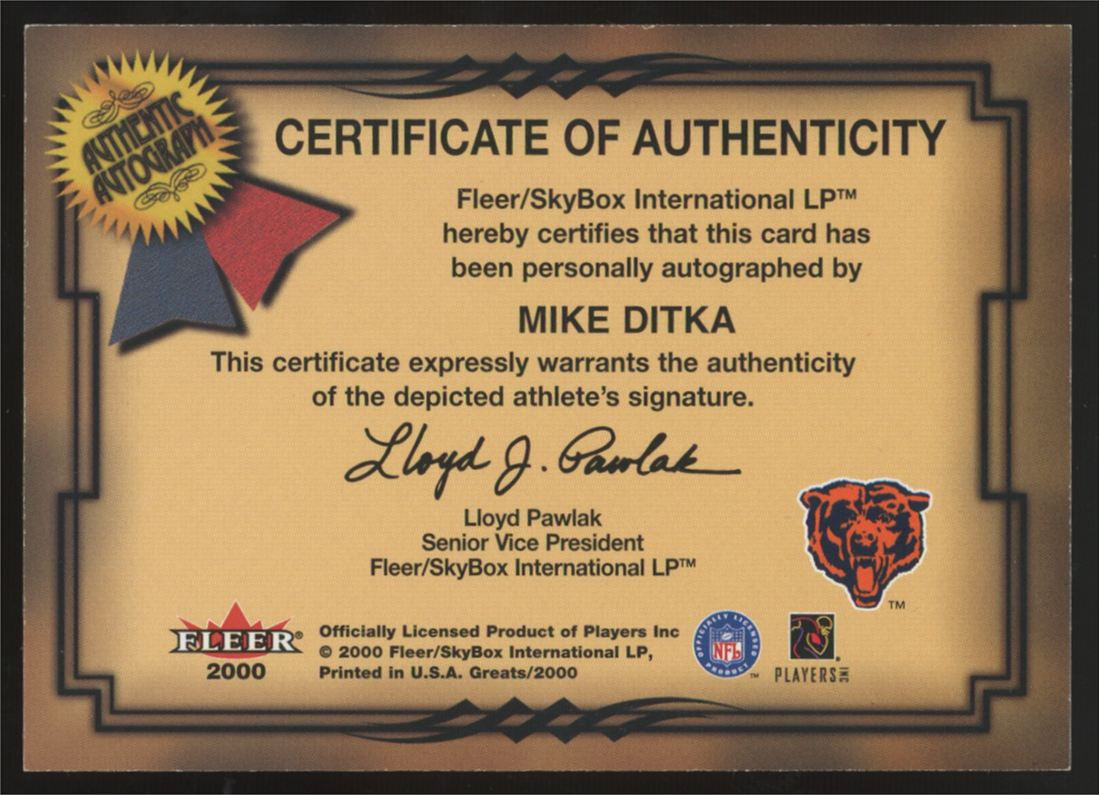 2000 Fleer Mike Ditka Greats Of The Game Auto