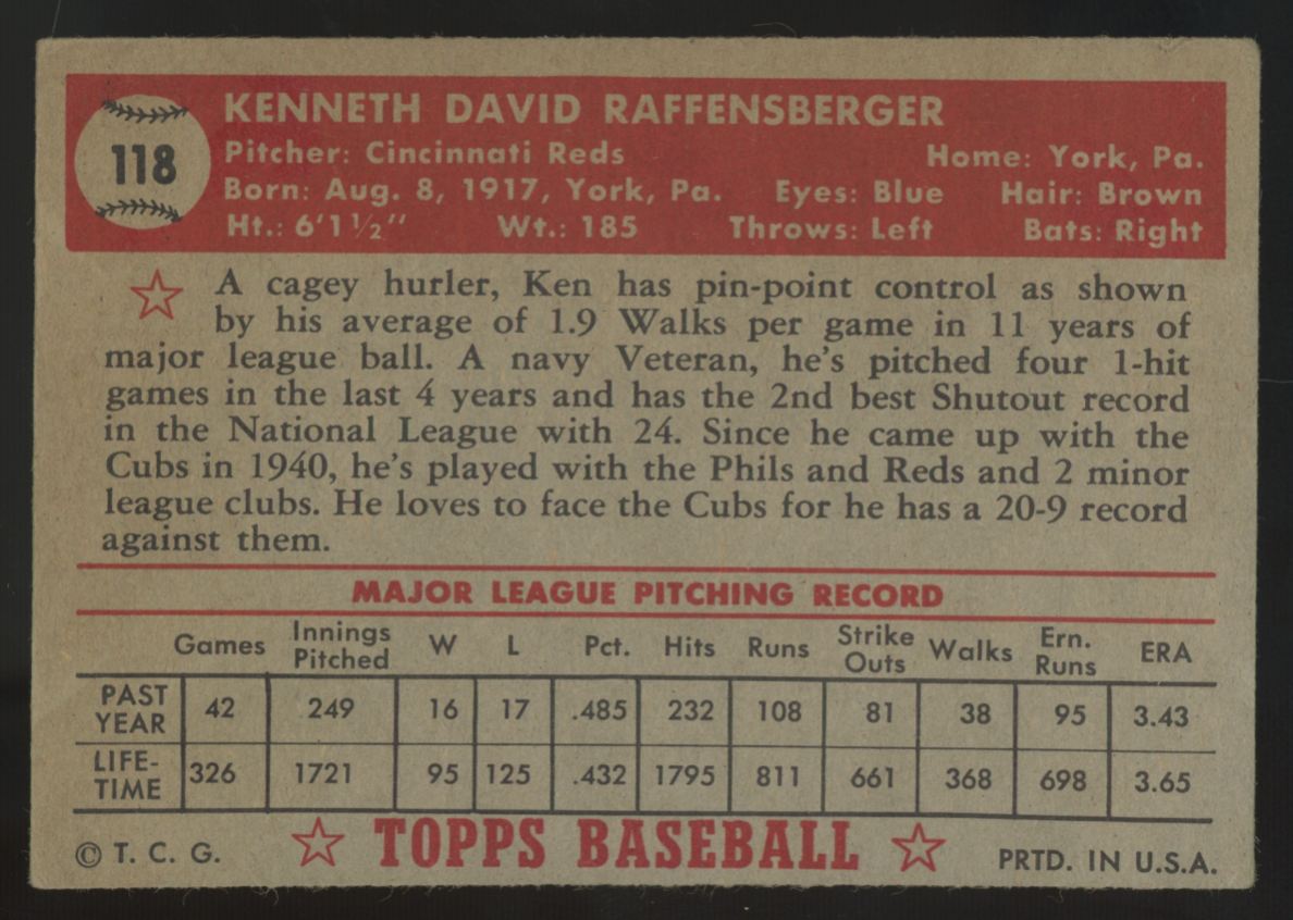 1952 Topps Ken Raffensberger #118 VG