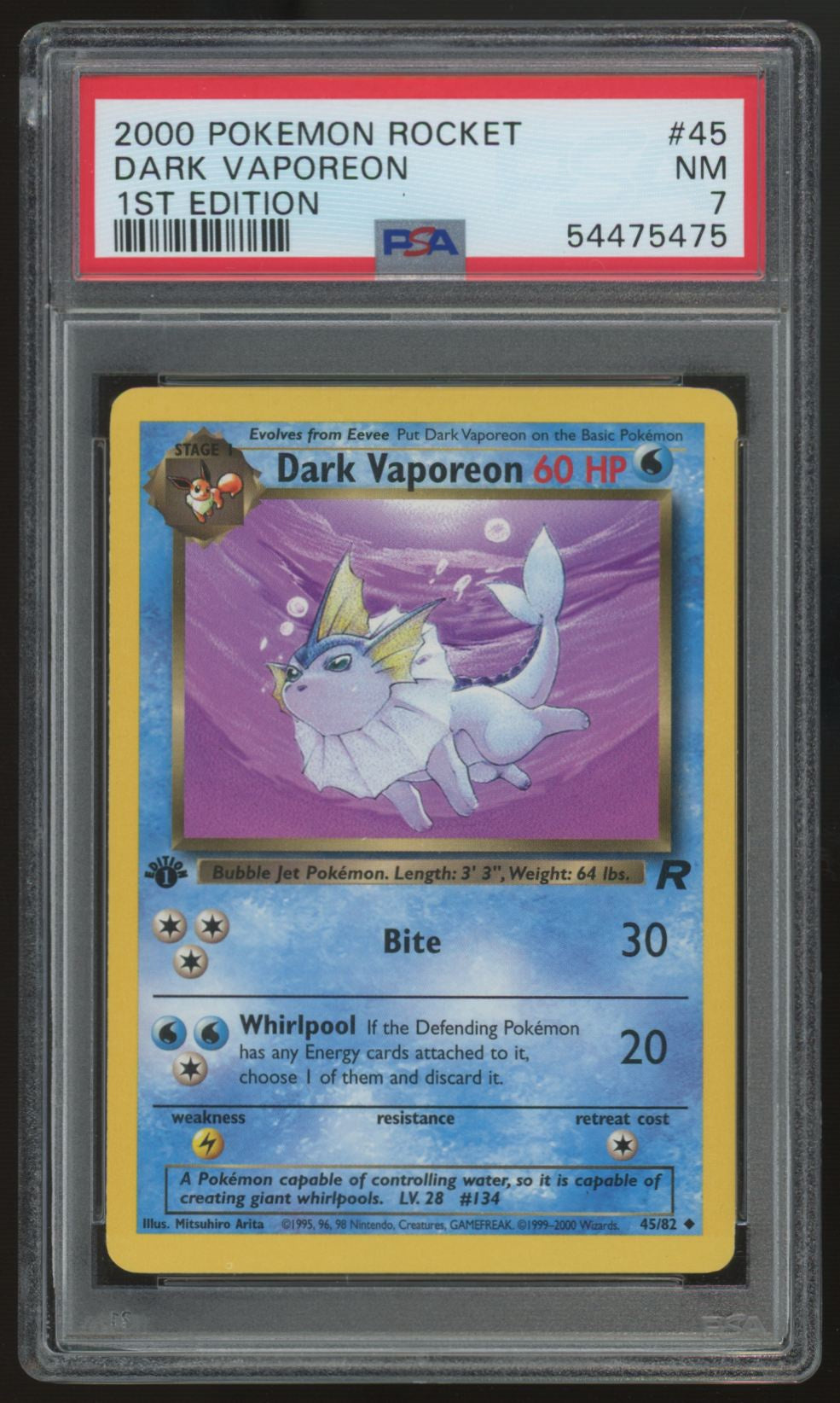 2000 Pokemon Dark Vaporeon Team Rocket 1st Edition #45 PSA 7