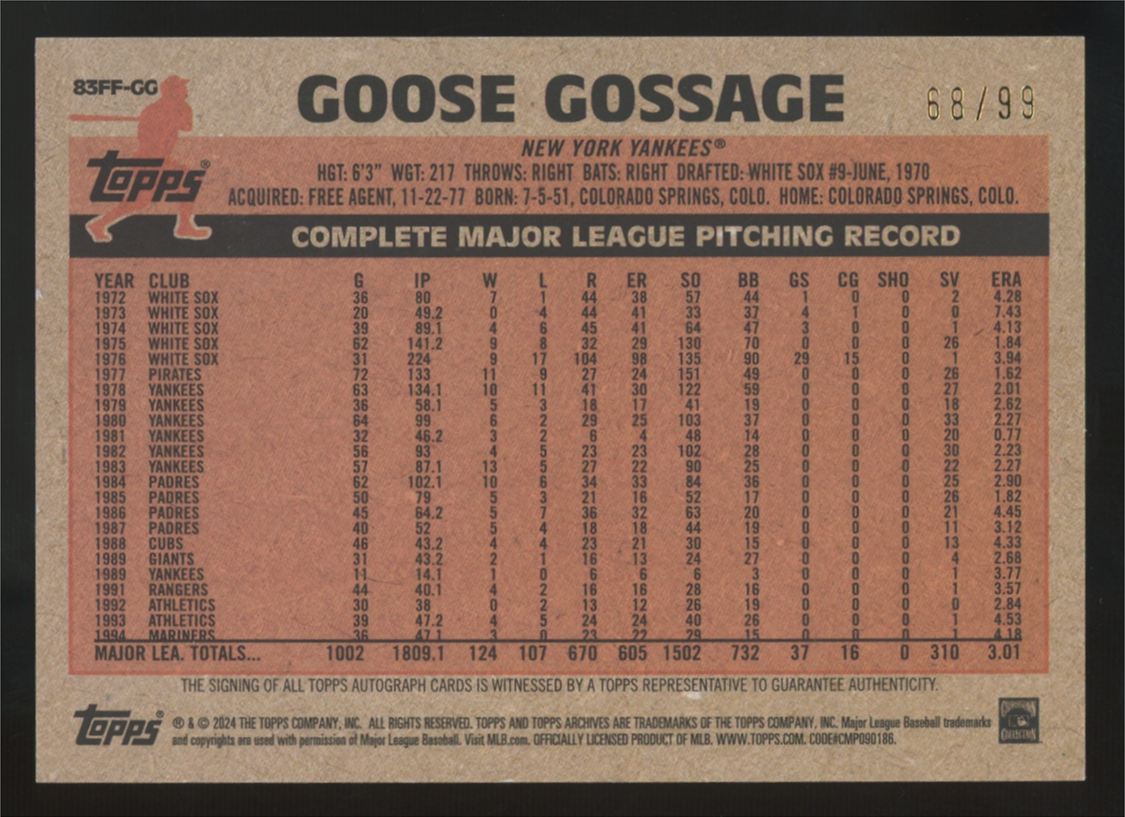 2024 Topps Archives Goose Gossage 1983 Fan Favorite Green Foilboard Auto /99