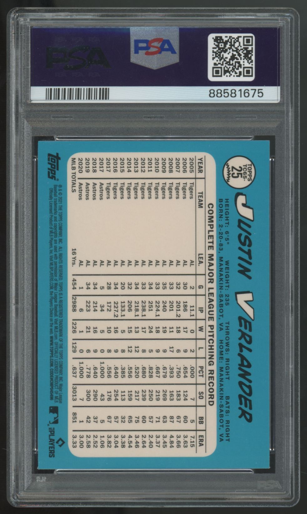2021 Topps Justin Verlander 1965 Chrome Redux #TC65-25 PSA 10