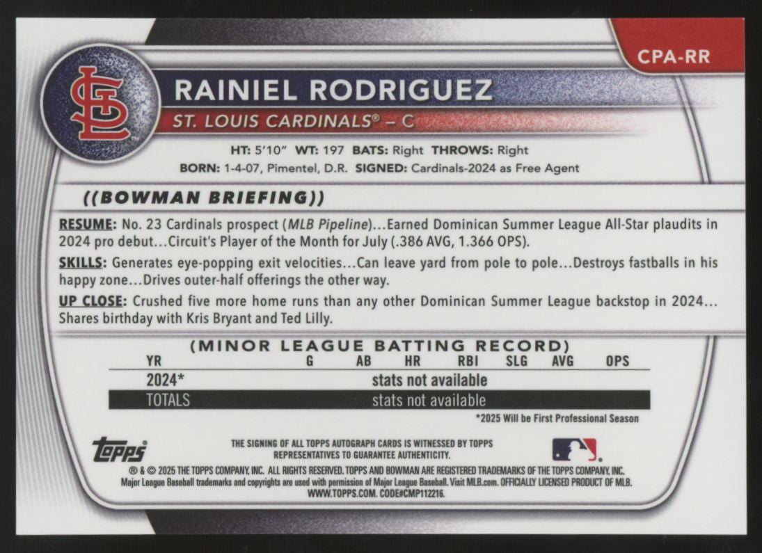 2025 Bowman Chrome Rainiel Rodriguez 1st Prospect Auto #CPA-RR