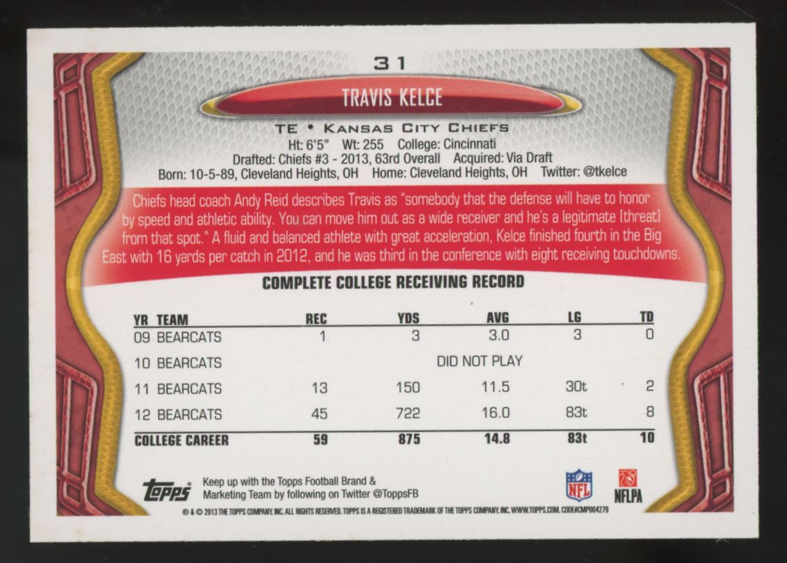 2013 Topps Travis Kelce RC #31 *Stain*