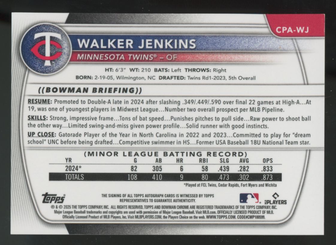 2025 Bowman Walker Jenkins Prospect Chrome Blue X-Fractor Auto /150 #CPA-WJ