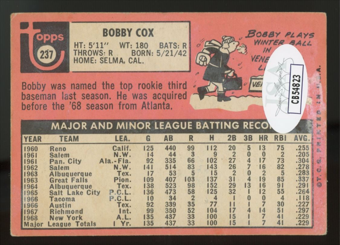 1969 Topps Bobby Cox #237 Signed Auto JSA