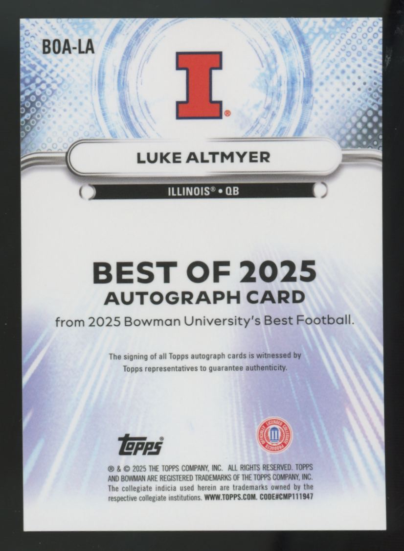 2025 Bowman Best U Luke Altmyer Best Of '25 Black Refractor Auto /10 #BOA-LA