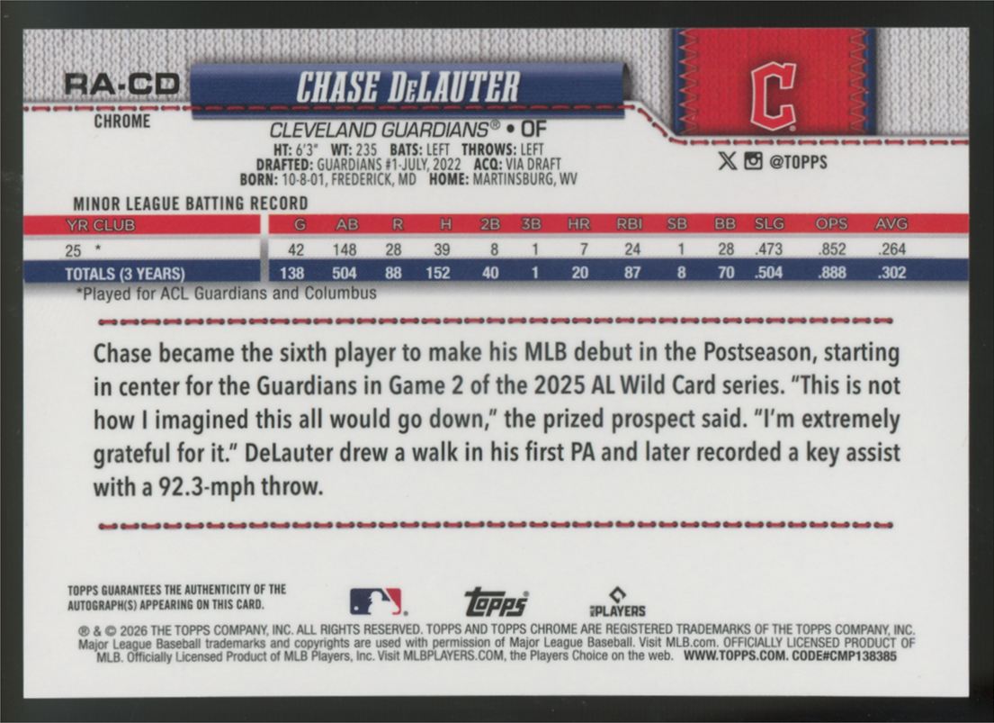 2026 Topps Chrome Chase DeLauter RC Purple Refractor Auto /75 #RA-CD