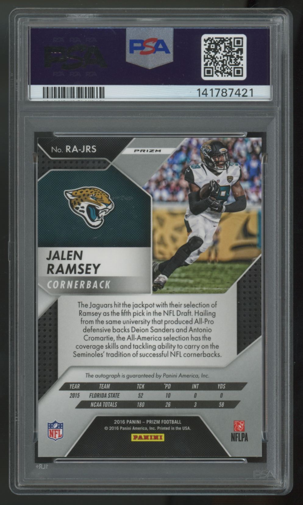 2016 Panini Prizm Jalen Ramsey RC Auto Prizm #RA-JRS PSA 9