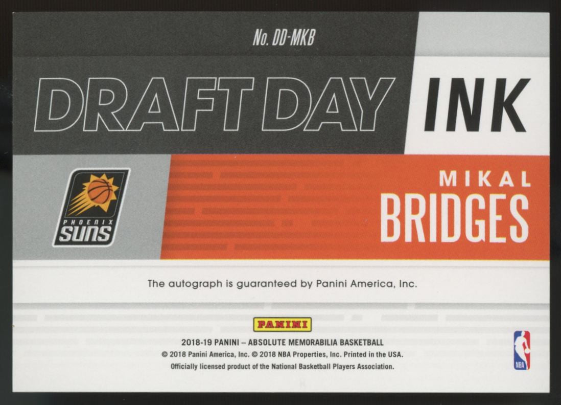 2018-19 Panini Absolute Mikal Bridges RC Level One Draft Day Auto /125 #DD-MKB