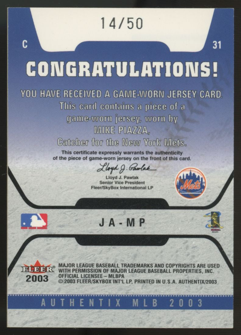 2002 Fleer Authentix Mike Piazza Jersey Authentics Game-Worn Patch /50 #JA-MP