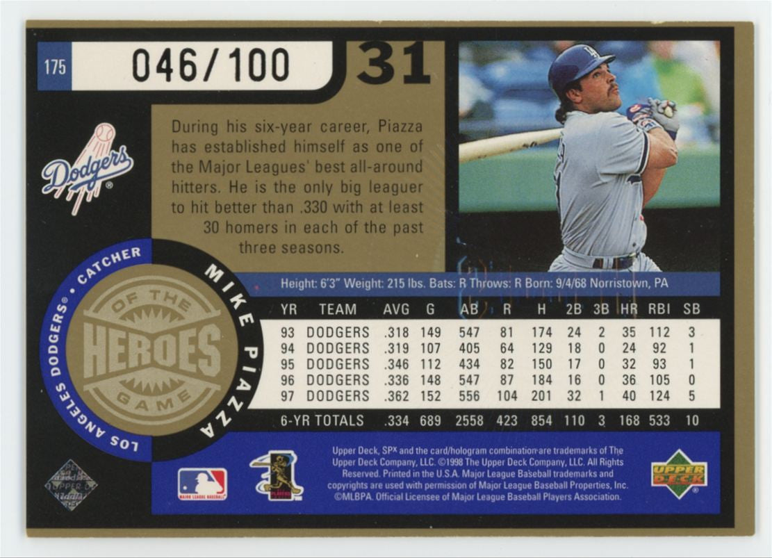 1998 Upper Deck SPx Finite Mike Piazza Radiance Heroes Of The Game /100 #175