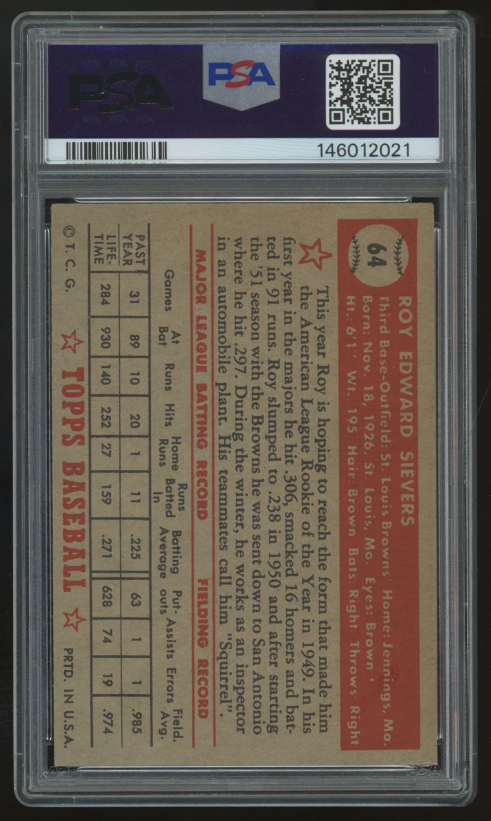 1952 Topps Roy Sievers #64 PSA 6