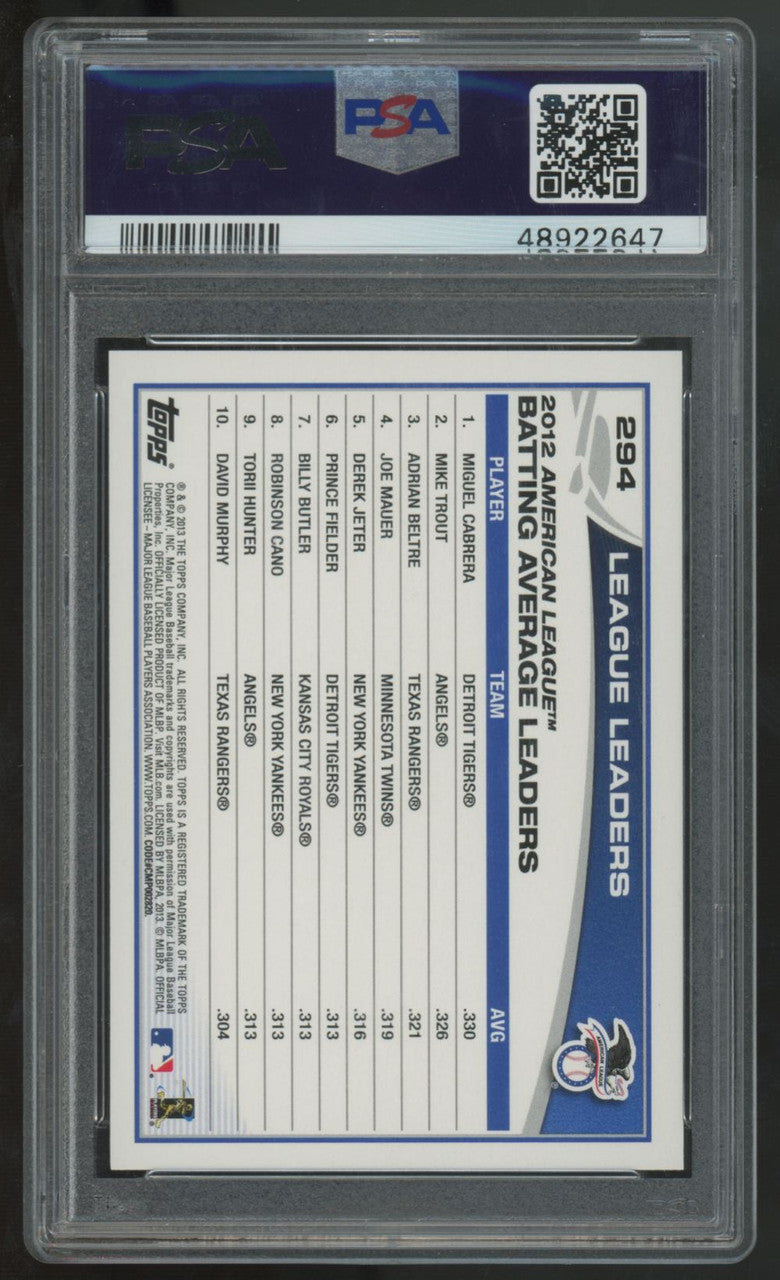 2013 Topps Miguel Cabrera/Mike Trout/Adrian Beltre Emerald Leaders #294 PSA 10