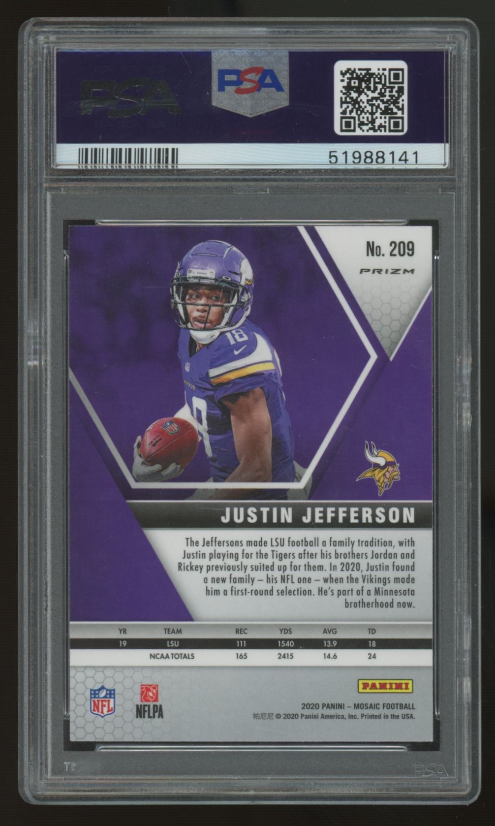 2020 Mosaic Justin Jefferson RC Pink Camo #209 PSA 10