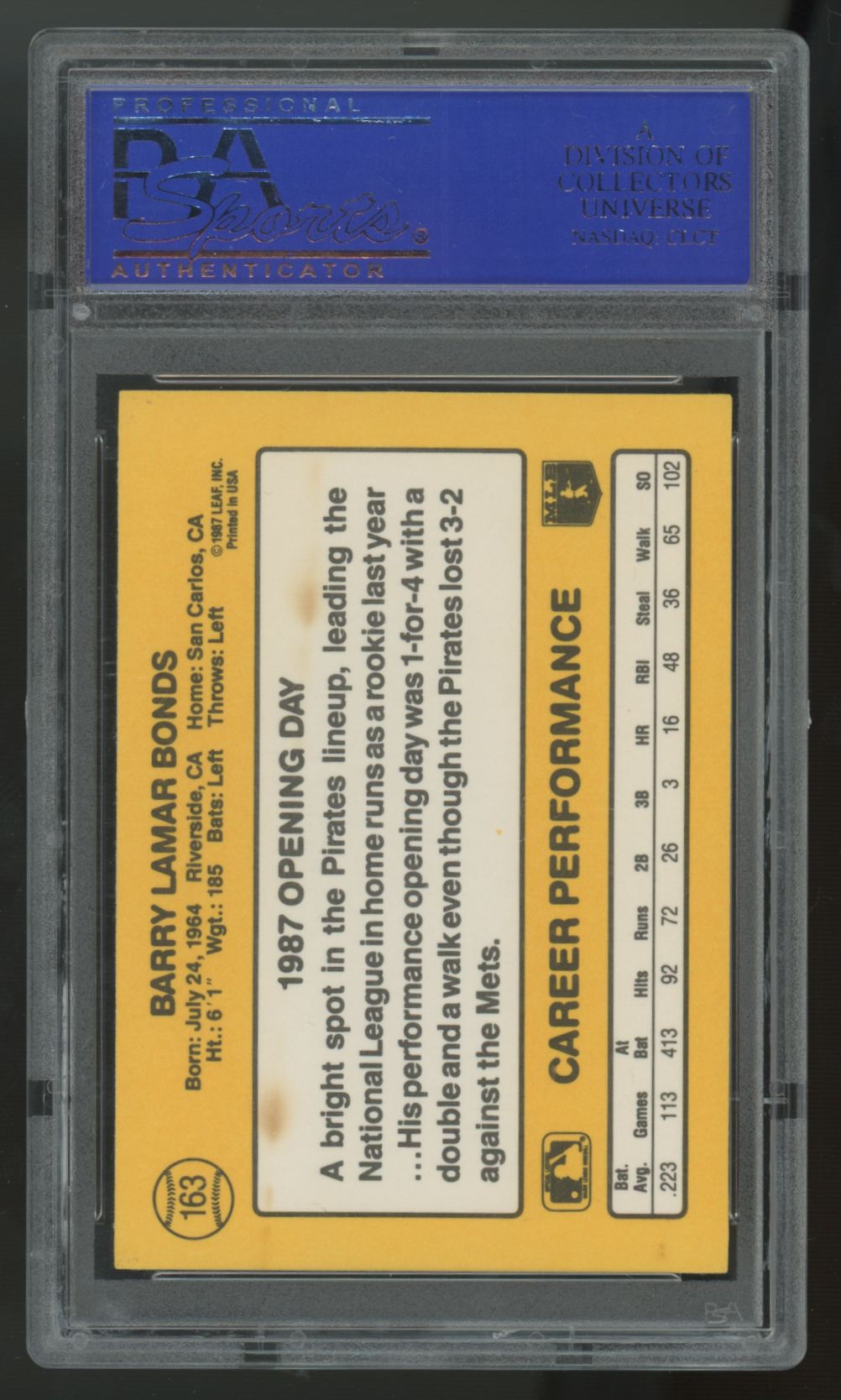 1987 Donruss Barry Bonds RC White Jersey Correct Photo #163 PSA 9