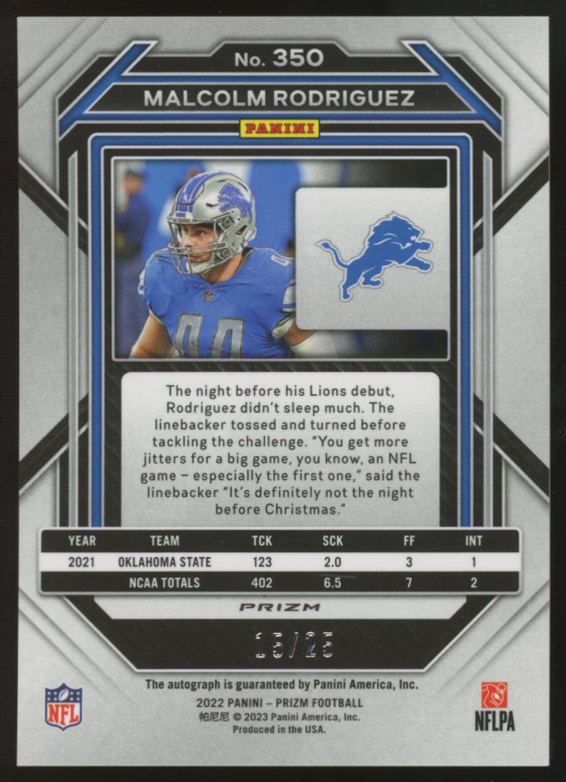 2022 Prizm Malcolm Rodriguez RC Silver Camo Auto /25 #350